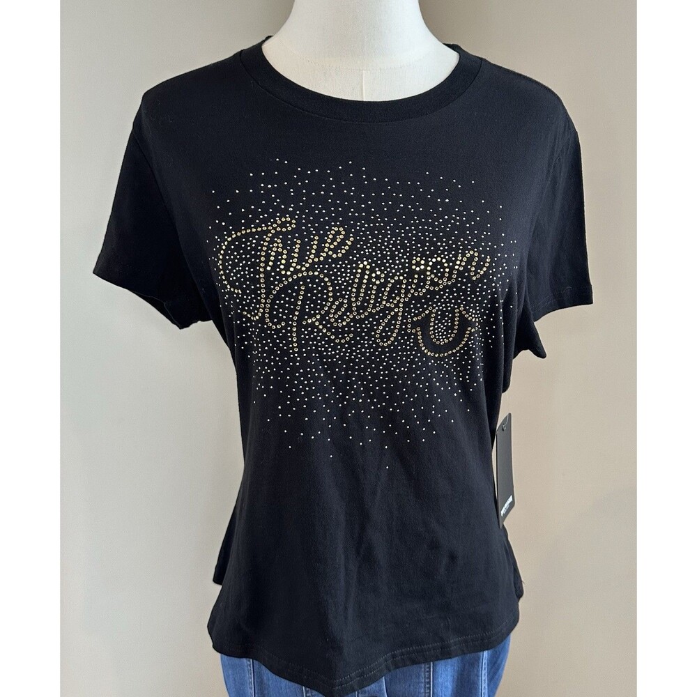 True Religion Womens Medium Black Rhinestone Logo Tee Shirt Y2K Bling NWT
